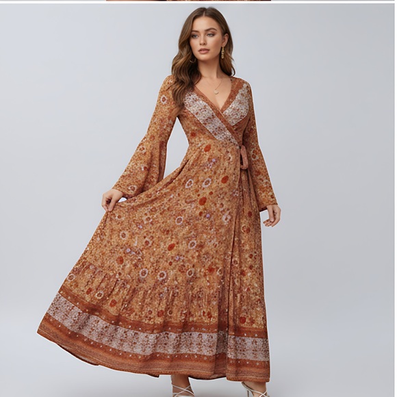 Boho Floral Print Bell Sleeve Tie Front Wrap Dress - Picture 5 of 13